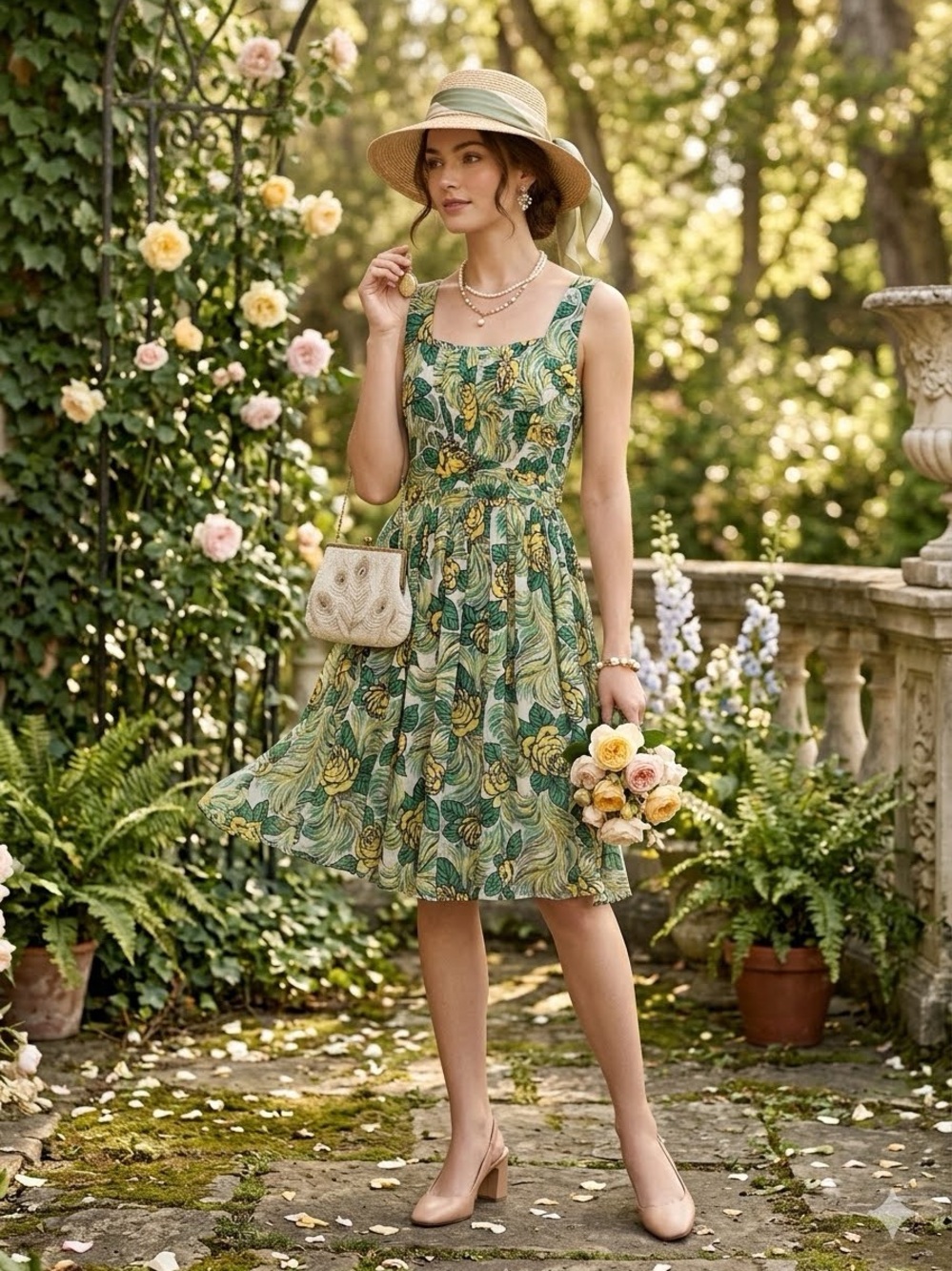 Anna sui yellow green deco rose print silk dress